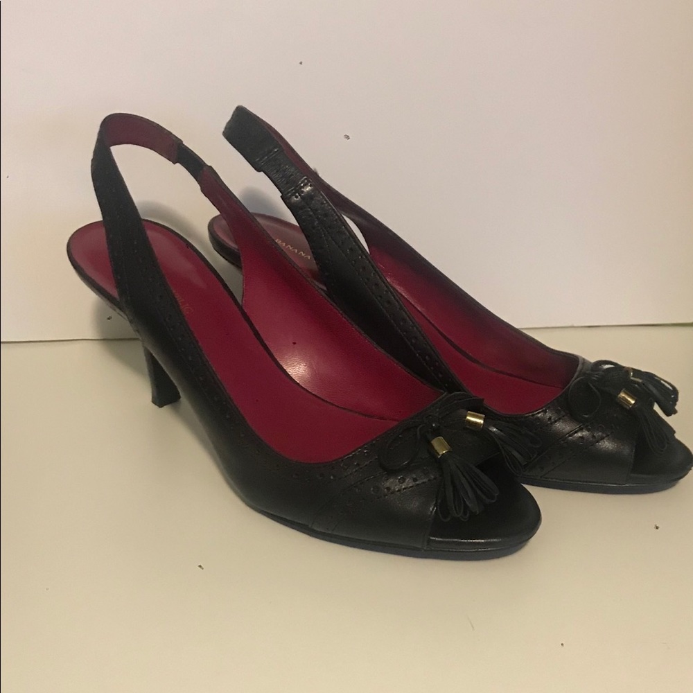 Black Leather Open-Toed Sling Backs with Tassels